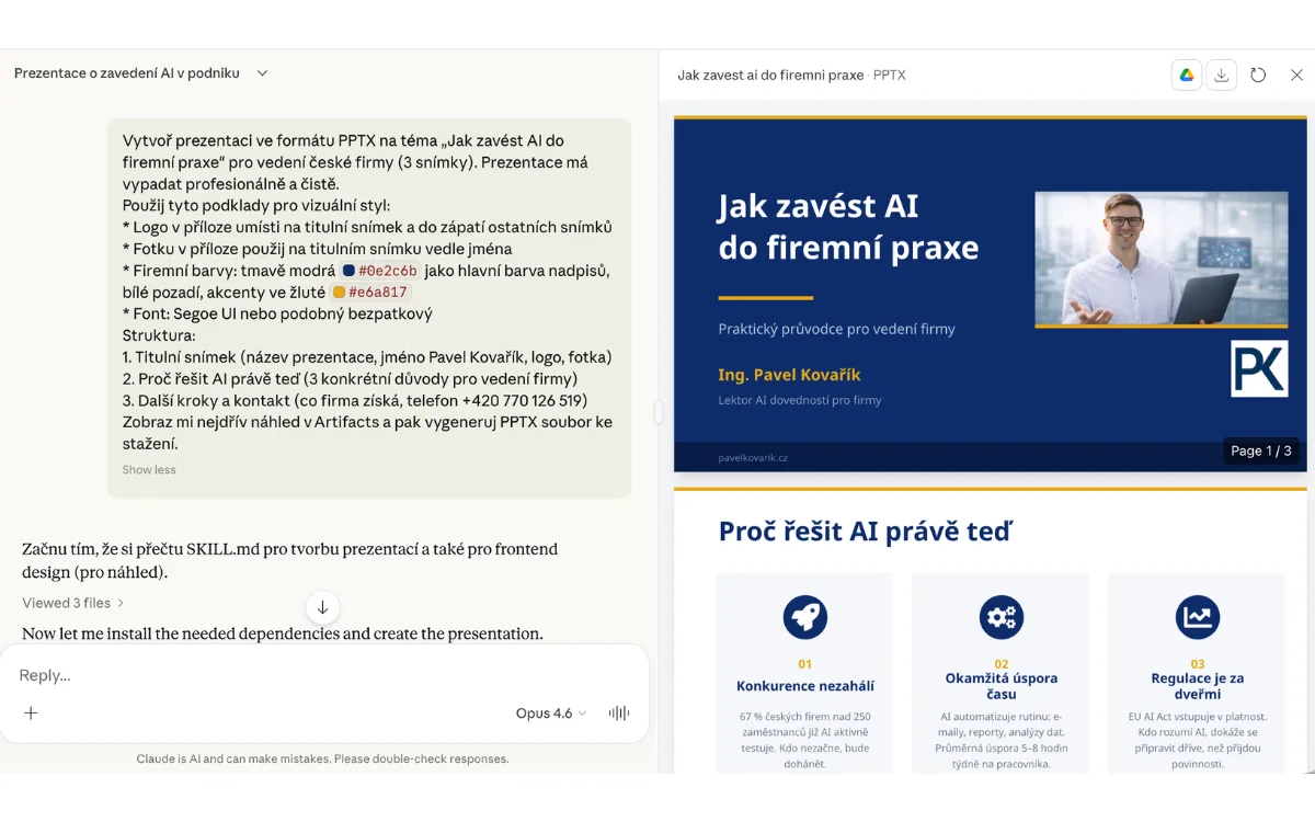 Tvorba prezentace v Claude se zadáním vlevo a náhledem snímků PowerPointu vpravo