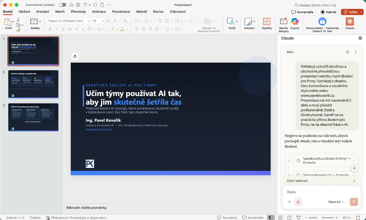 Doplněk Claude v PowerPointu při úpravě firemní prezentace